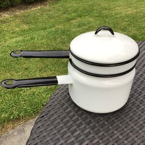 Vintage Double Boiler Enamelware White Black 3 Piece Set Pots & Lid